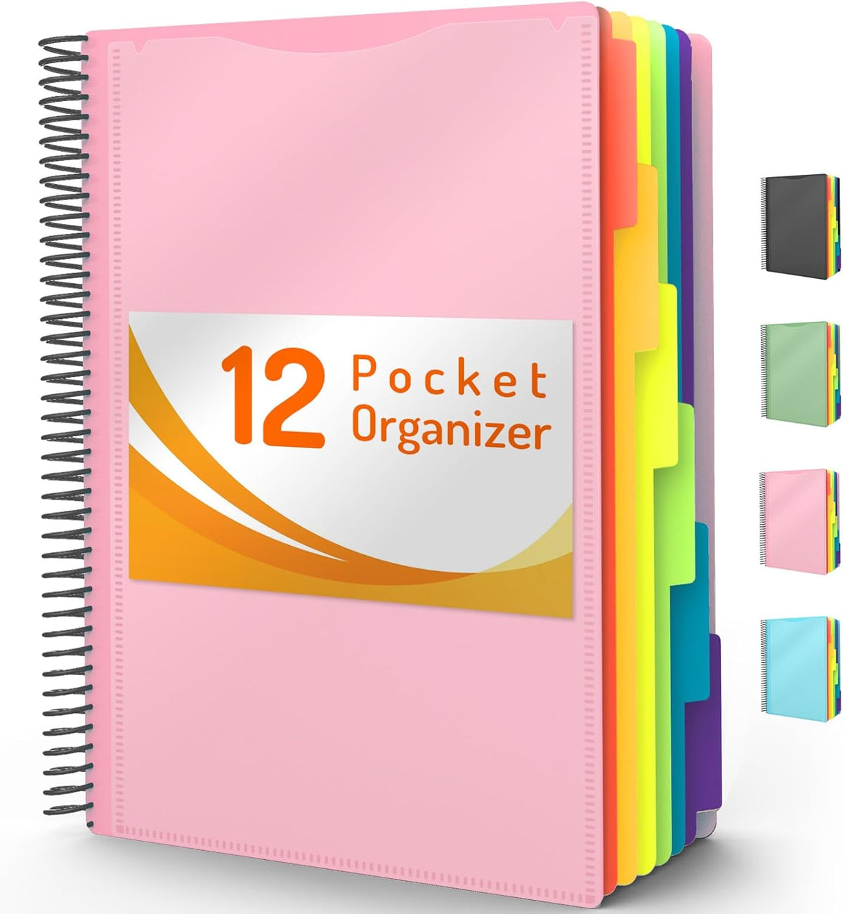 12 Pocket Project Organizer, Forvencer 1/6-cut Tab Binder Organizer with Sticky Labels, Multi Pocket Folder with Zipper Pouch, Folder Binder Spiral Pocket Notebook, Office Supplies, Letter Size, Blush