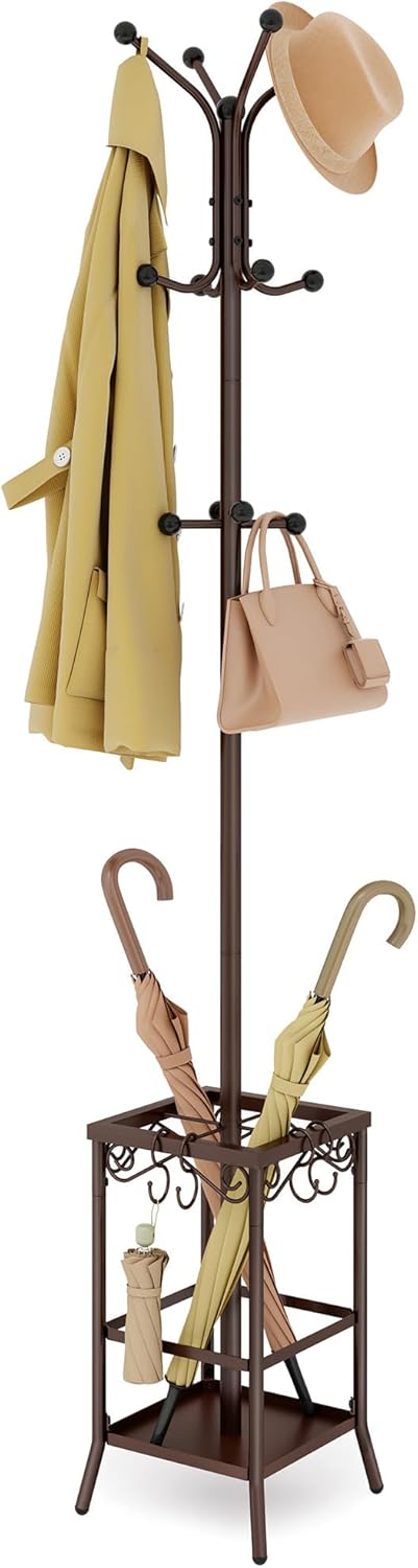 Hoctieon Coat Rack Freestanding, Coat Tree with Umbrella Holder, Metal Coat Rack Stand with 12 Hooks, Standing Coat Hanger Stand, Umbrella Stand for Entryway, Hat Rack Stand for Home Office, Brown