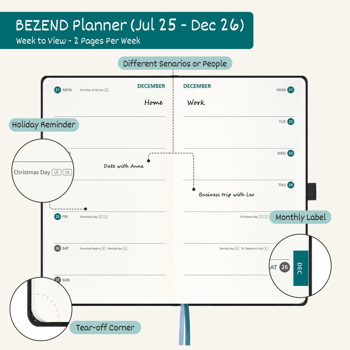 BEZEND Pocket Planner 2025-2026 Weekly with 2 Columns, 18-Month Academic Calendar (Jul 25-Dec 26), Life Work Appointment, Storage Pocket, Pen Holder, PU Leather Hardcover 3.5" x 6" - Lilac