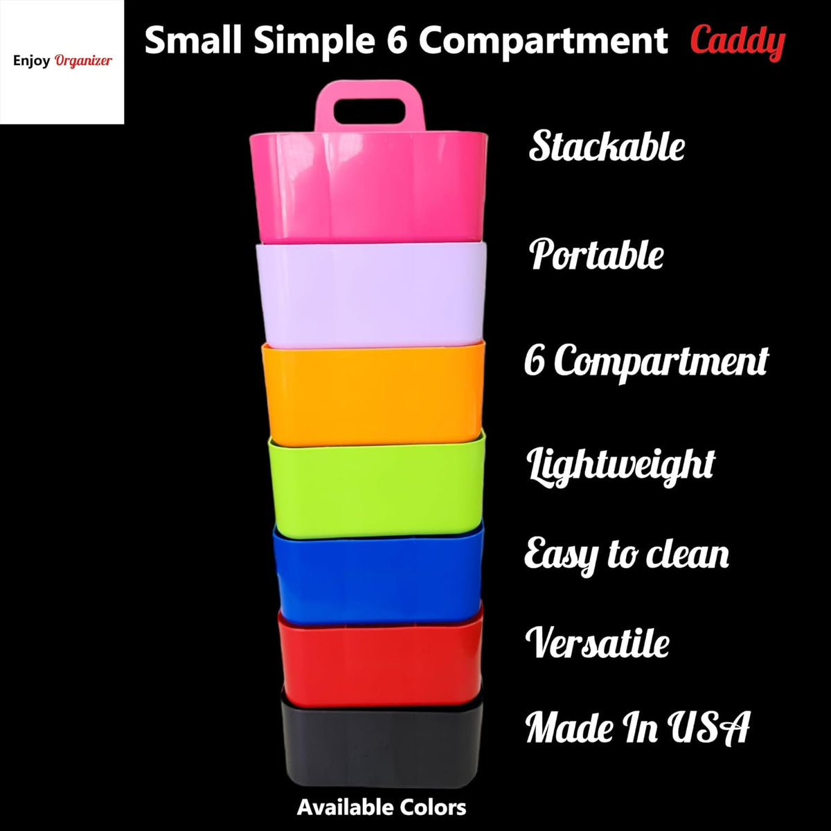 Small Stackable Plastic Caddy with Handle 6 Compartment | Desk, Makeup, Dorm Caddy, Classroom Art Organizers - 4 Pack, Made In USA (Green)