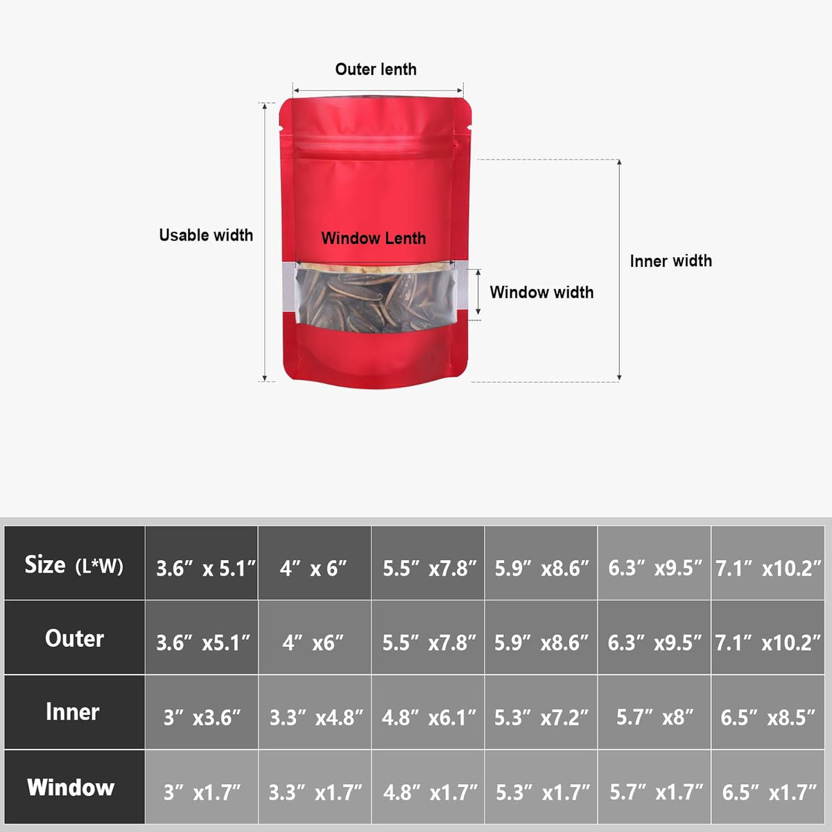 5.9"x8.6" 120pcs Mylar Bags for Food Storage,Smell Proof Bag with Matte Window Resealable Food Storage Bags for Small Business, Stand-up Foil Pouch Packaging Freeze Dried Candy Bag（Red）