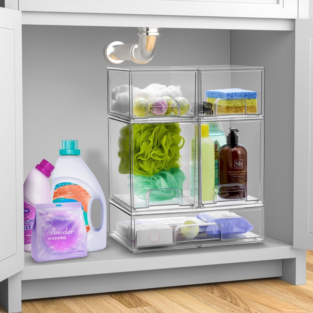 Sorbus Acrylic Storage Containers - 3 Pack, Stackable Storage Bins Set for Bathroom Organization - Clear Acrylic Drawer Organizers - Makeup Case Pull-Out Drawers (4.4’’ Tall and 12.1’’ Wide)