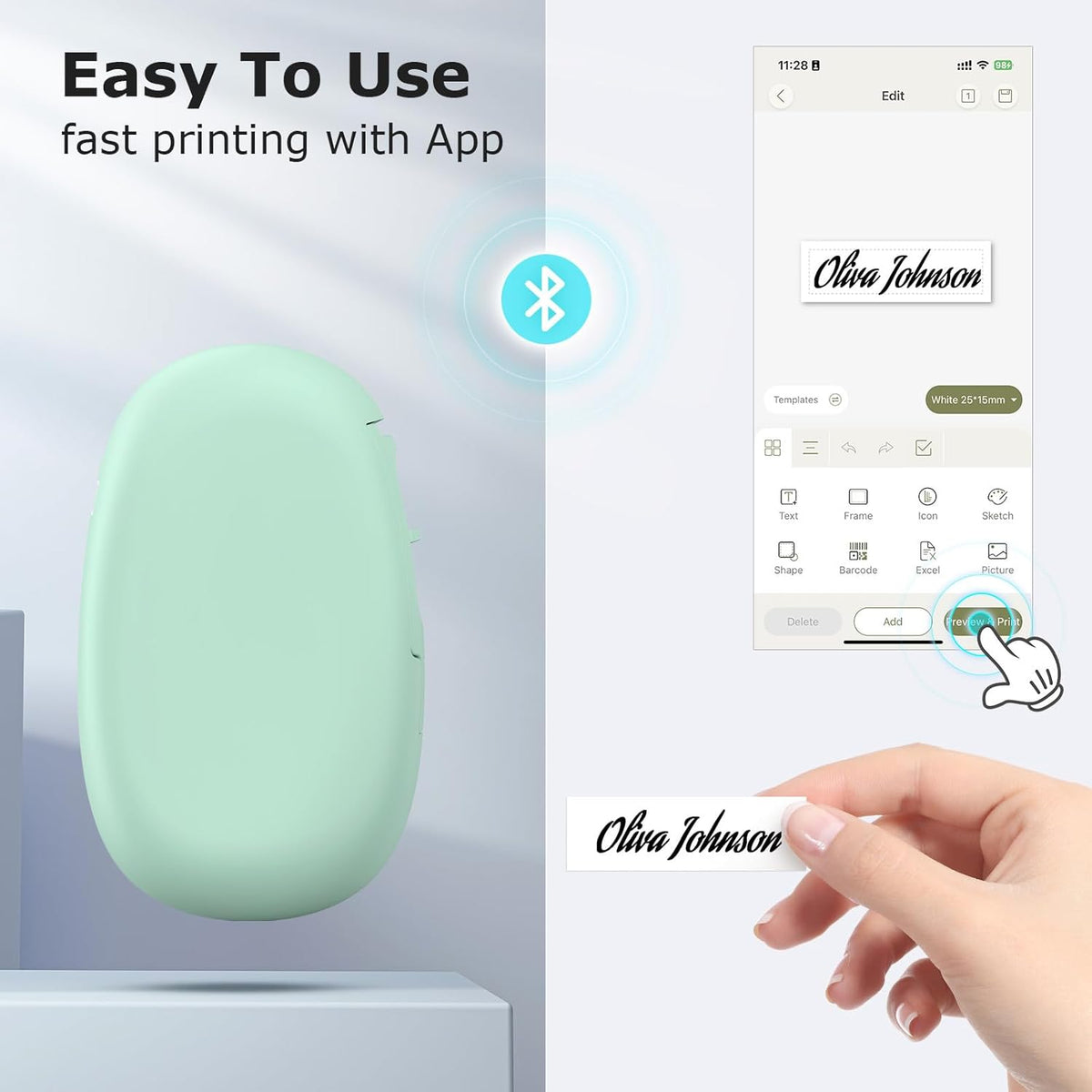 SUPVAN E10 Bluetooth Label Maker Machine with Tape, Continuous Waterproof Label, Versatile App with 35 Fonts and 1k+ Icons, Label Printer for Home, Kitchen, School, Office Organization, Green