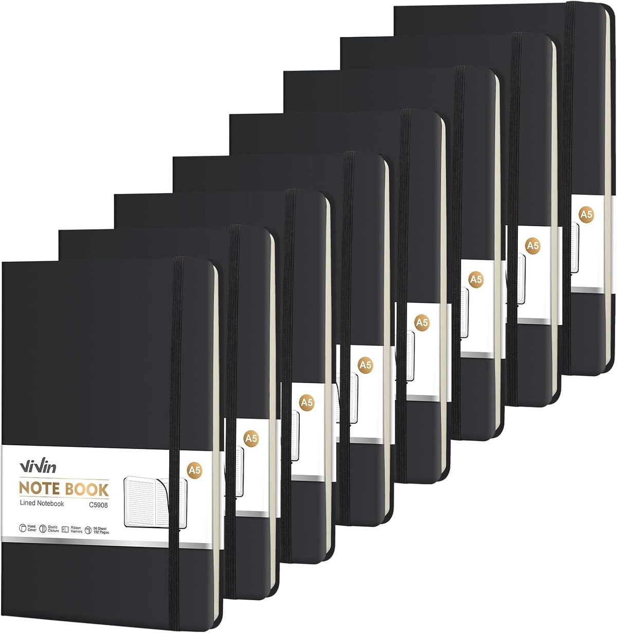 ViVin Lined Journal Notebooks for Work, 192 Pages, Medium 5.5 x 8.3 inch, College Ruled, A5 Hardcover Journaling Notebooks for Writing, 8 Pack Bulk