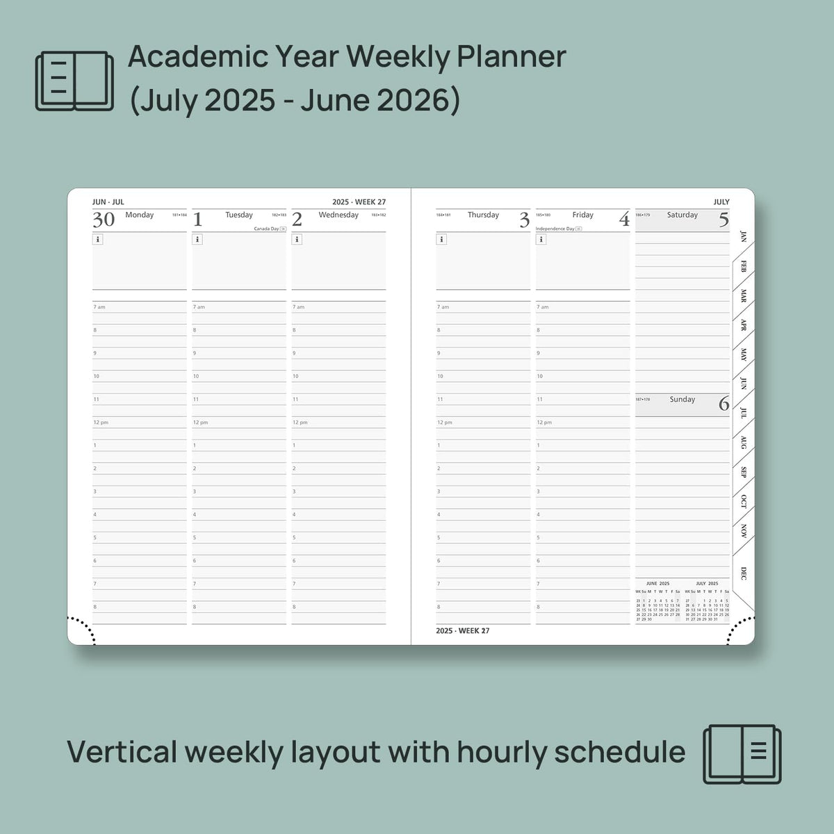 POPRUN Planner 2025-2026, (Medium 6.5'' x 8.5'' Hard Cover) Academic Calendar (July 25-June 26) Daily Weekly and Monthly Appointment Book with Hourly Time Slots, Monthly Tabs, 100 GSM - Violet