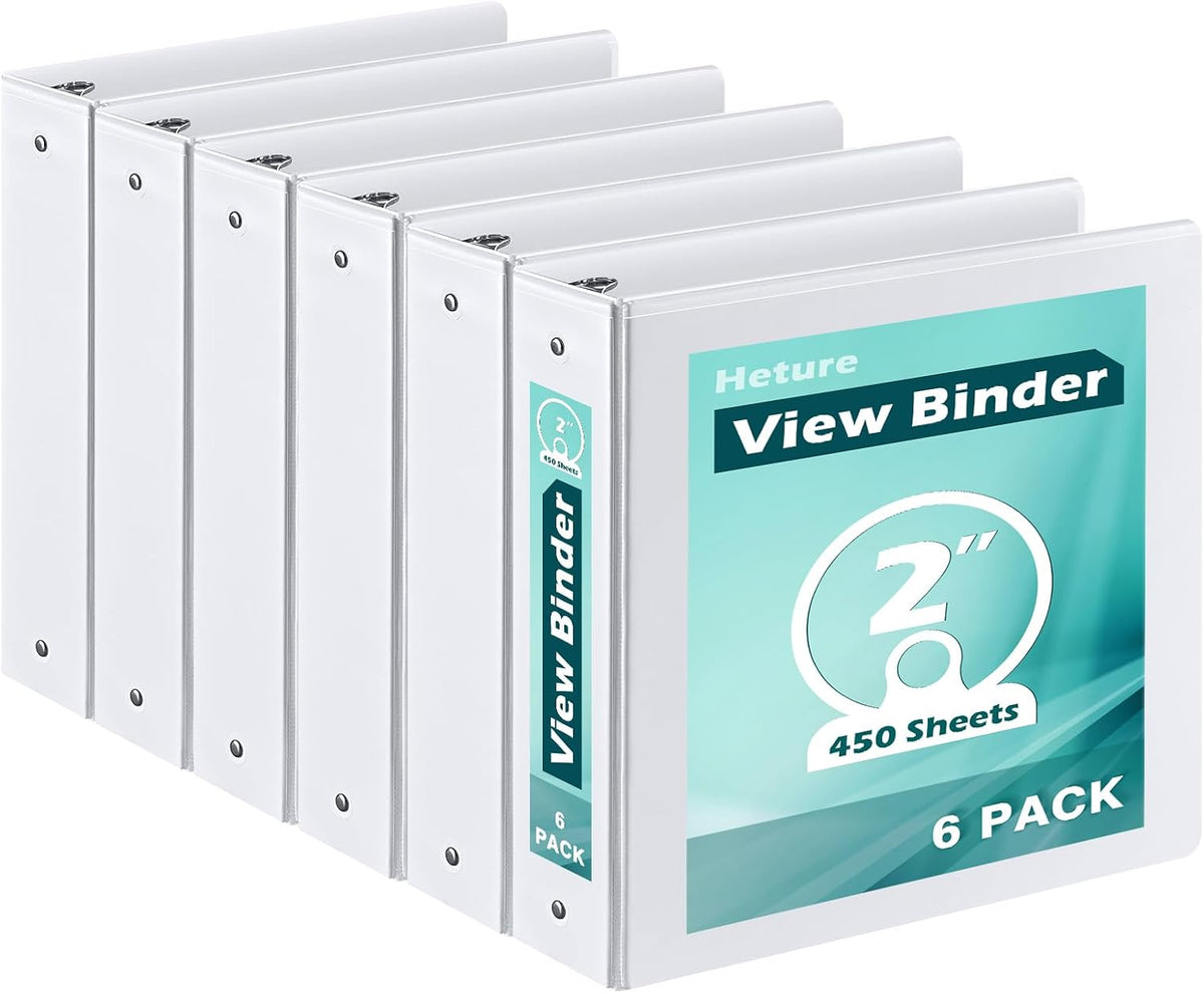 3 Ring Binder 2 Inch 6 Pack,2" Clear View with Round Rings, PVC-Free,Holds for 450 Sheets 8.5X 11 US Letter Size Paper, Durable White Binders Perfect for Office,School and Home