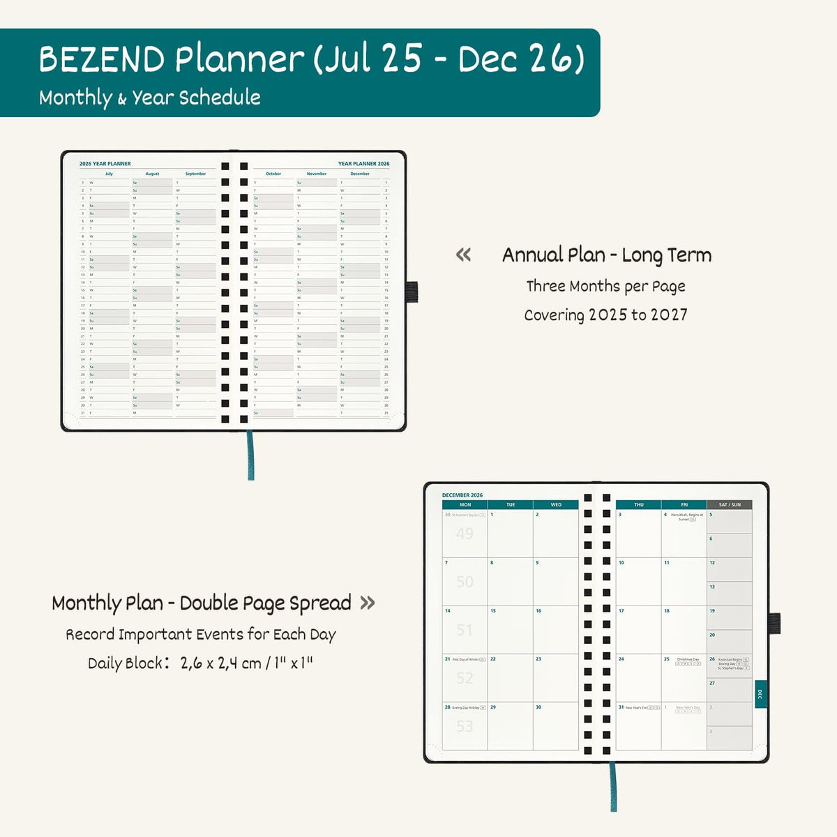 BEZEND Pocket Planner 2025-2026 Weekly with 2 Columns, 18-Month Academic Calendar (Jul 25-Dec 26), Life Work App., Storage Pocket, Pen Holder, PU Leather Softcover 3.5" x 6" Spiral - Mustard