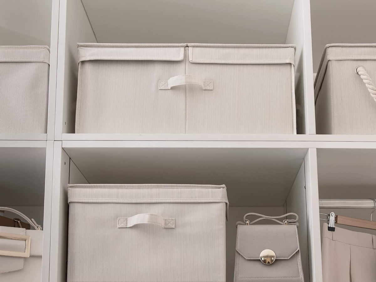 StorageWorks Extra Large Storage Bins with Lids, 55L Decorative Storage Bins with Double-Open Lid and Divider Board, Fabric Bins with Handles, Mixing of Beige, White & Ivory, 2-Pack
