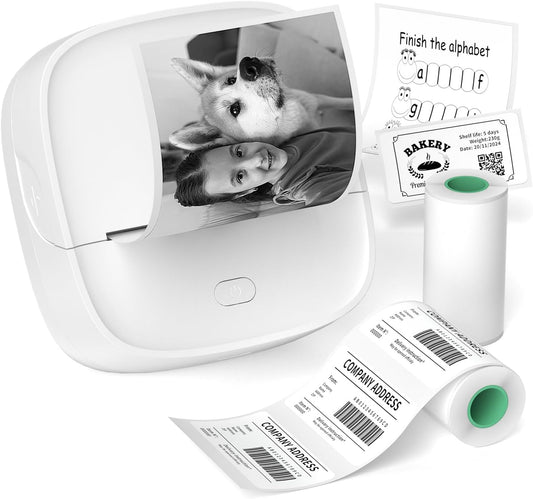 JD-23 Sticker Printer, Mini Portable Thermal Printer Print Pod, Inkless Bluetooth Label Maker with Smart App for Phone & Tablet for Office & Home Use, 2 Rolls Sticker Paper, White