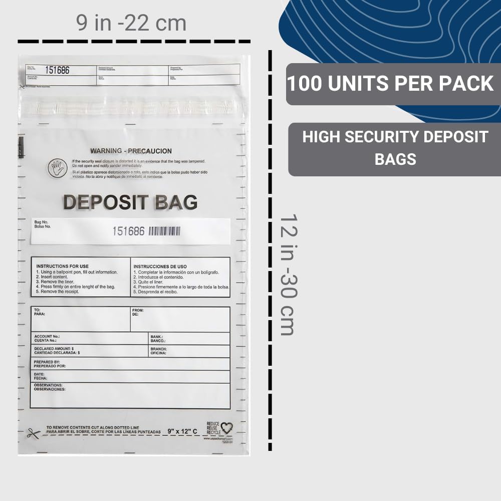 Clear Plastic Deposit Bags 9"x12" | Secure Bank Deposits, Cash Handling or Safe Currency Transportation | Sequential Barcodes | Tamper-Evident | Tear-Off Receipt for Security | 100-Pack