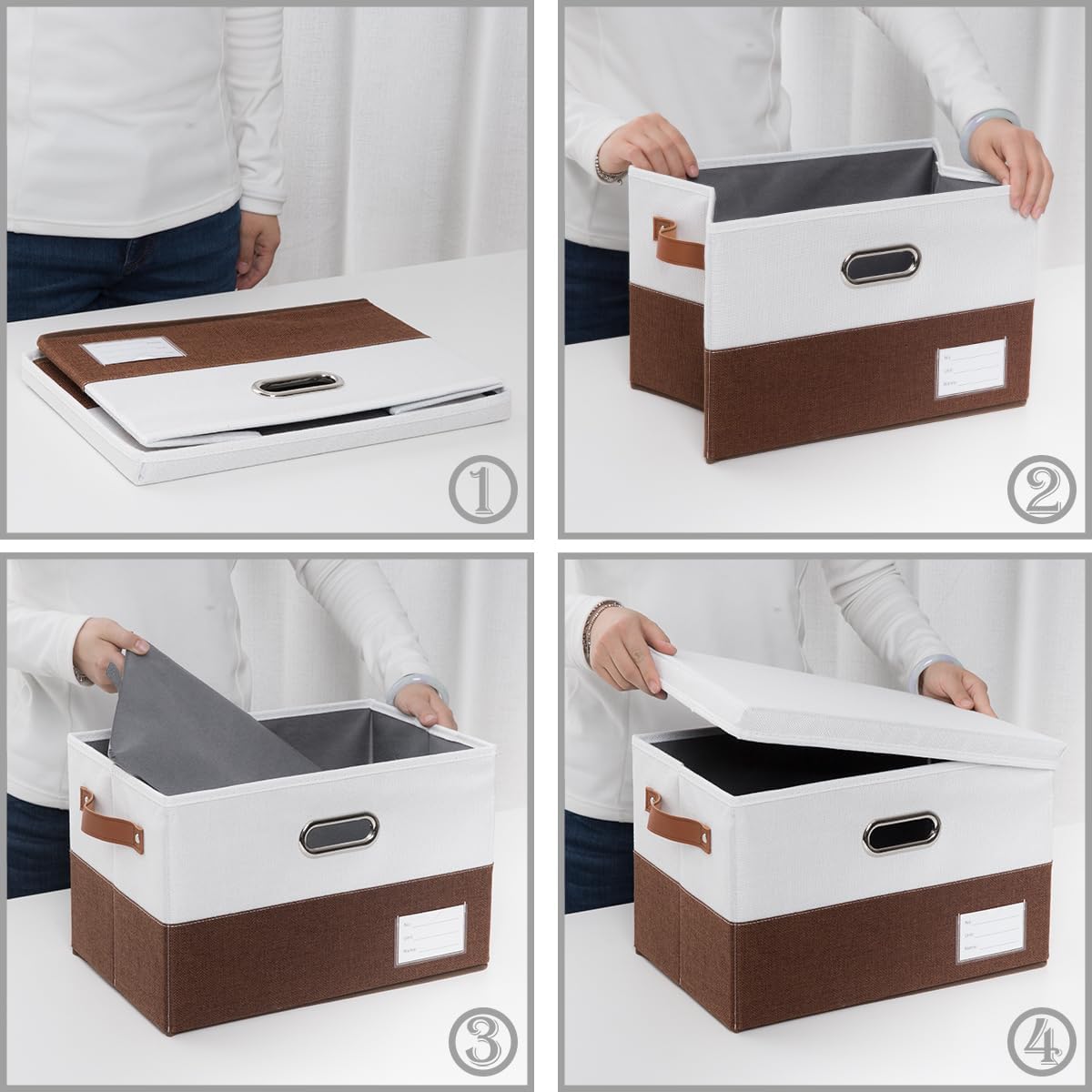 PRANDOM Foldable Storage Bins with Lids [3-Pack] Fabric Collapsible Storage Boxes Baskets Cubes Containers with Handles for Closet Living Room Bedroom (Brown & White 14.9x9.8x9.8'')