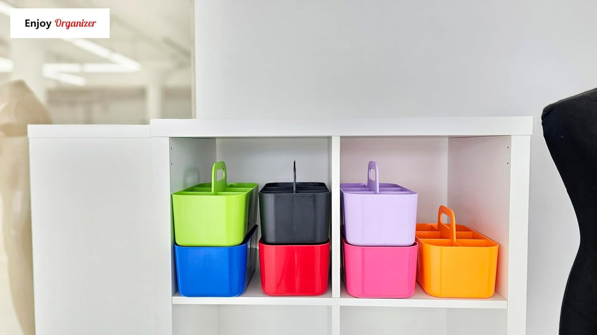 Small Stackable Plastic Caddy with Handle 6 Compartment | Desk, Makeup, Dorm Caddy, Classroom Art Organizers - 4 Pack, Made In USA (Orange)