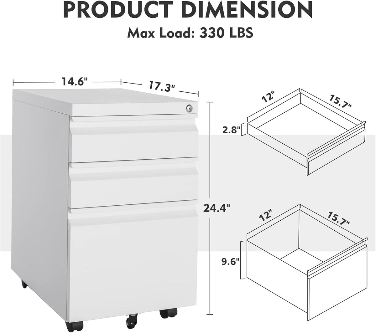 MIIIKO 3 Drawer File Cabinet on Wheels, Home Office Mobile File Drawers Under Desk, Full Assembled White Filing Cabinets with Lock for Legal/Letter/A4 File Folders