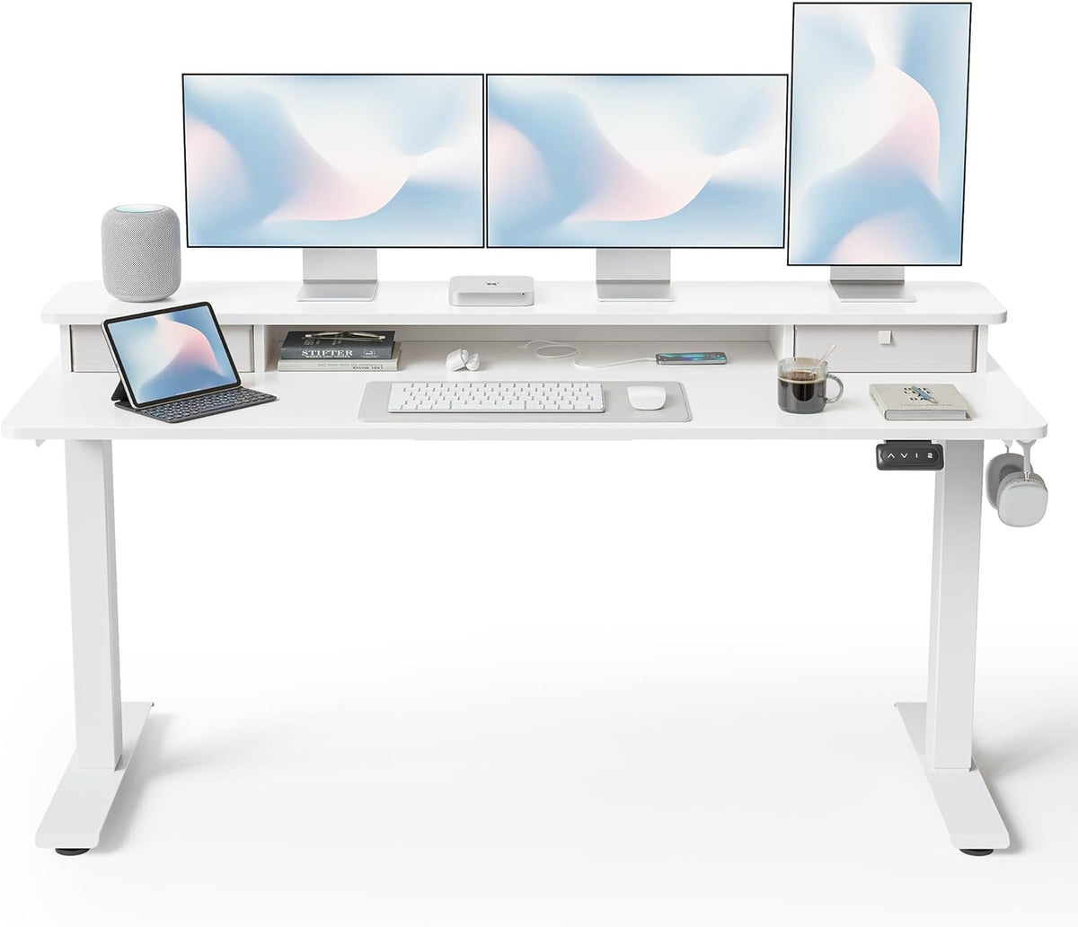 FEZIBO 60 x 24 Inch Height Adjustable Electric Standing Desk with Double Drawer, Sit Stand Desk, Home Office Stand Up Table with 4 Height-Adjustable Feets & 2 Hooks, White