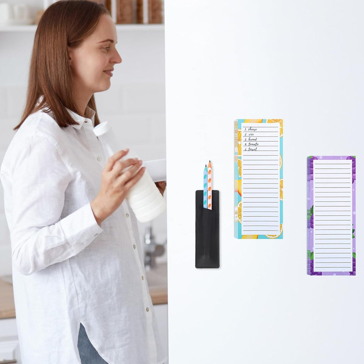 4 Pack Magnetic Note Pad for Fridge with Pen Holder, Totally 200 Sheets Grocery List Magnet Pad for Refrigerator Magnetic Shopping List Pad（Fruit Design）