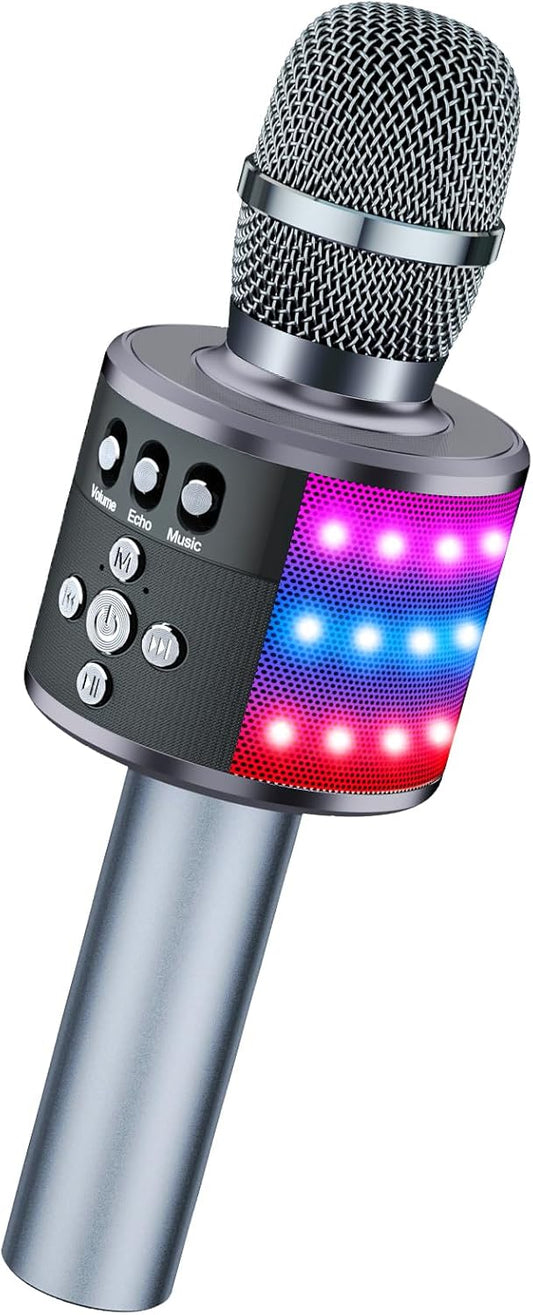 BONAOK Karaoke Microphone for Kids & Adults - Bluetooth Microphones Singing Mic with Disco Lights, Echo Effect, Built-in Speaker Portable Karaoke Player for Party Travel Gifts Q78(Space Gary)