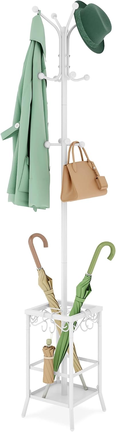 Hoctieon Coat Rack Freestanding, Coat Tree with Umbrella Holder, Metal Coat Rack Stand with 12 Hooks, Standing Coat Hanger Stand, Umbrella Stand for Entryway, Hat Rack Stand for Home Office, White