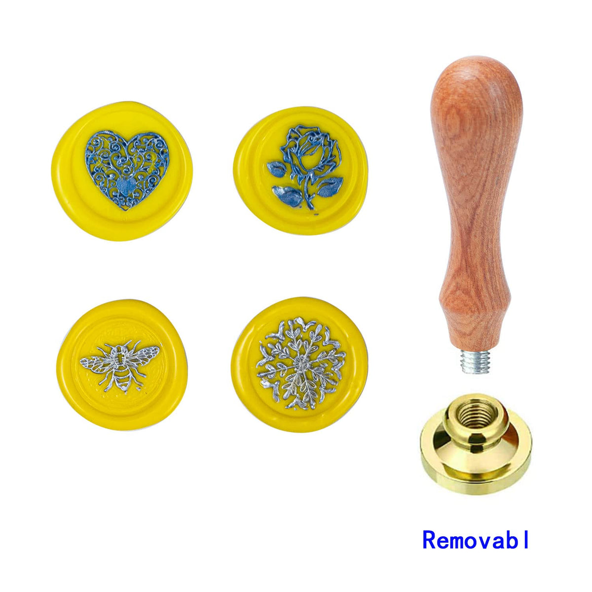 Flower Wax Seal Stamp Set with 4 PCS Removable Brass Heads and 1 Wooden Handle - Retro Heart Rose Bee Flourishing Leaves Sealing Wax Stamp for Cards Invitations