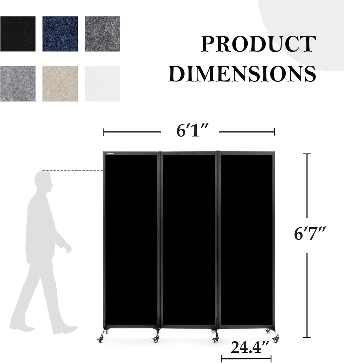 Upgrade Version Room Partition and Divider, Freestanding Rolling Dividers with Wheels,Office Privacy Screen Divider Wall,Classroom Felt Dividers,6'L* 6'7"H,3 Panel,Black