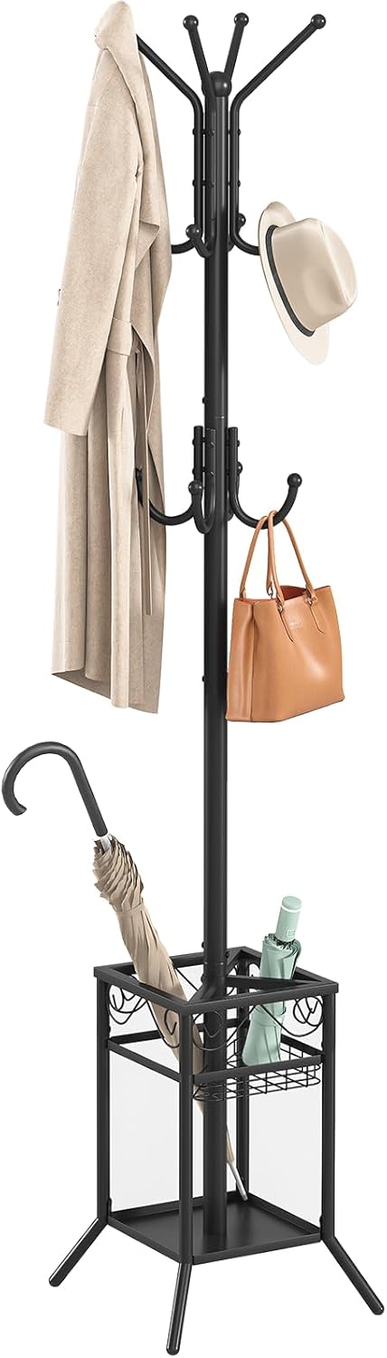 ELYKEN Coat Rack Freestanding, Metal Coat Rack Stand with Umbrella Holder, Modern Coat Tree with 12 Hooks, Floor Standing Corner Hall Tree for Entryway Living Room Bedroom Office, Black