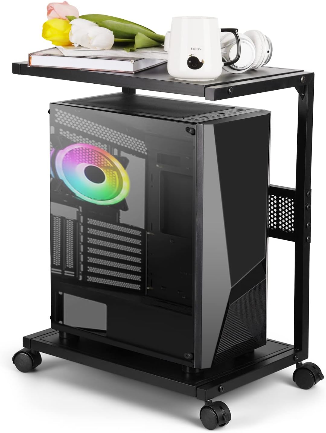 Liitrton PC Tower Stand 2-Tier CPU Stand with Locking Caster Wheels for Office & Home - Iron-Black