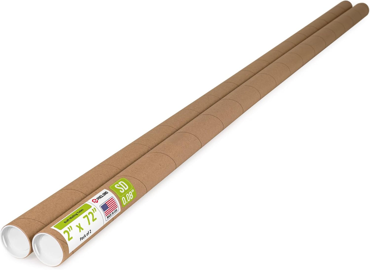 2" x 72" Reinforced Kraft Paper Mailing Tube, Pack of 2 Tubes with 4 Caps – Secure USPS Approved Poster Tube – Cardboard Tube for Shipping and Storing Posters, Prints, Artwork, or Documents