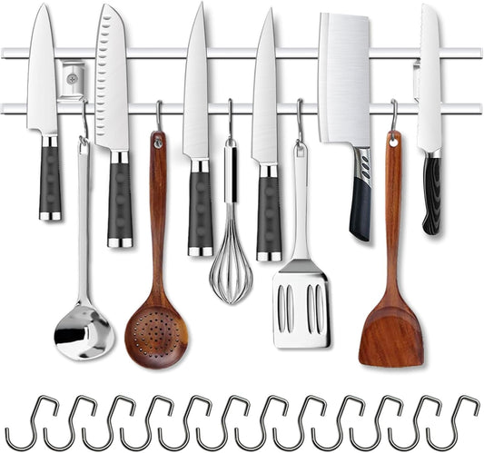YIIYIIN 24-Inch Magnetic Knife Holder for Wall – 304 Stainless Steel Knife Strip with 12 Hooks – Magnetic Knife & Utensil Rack