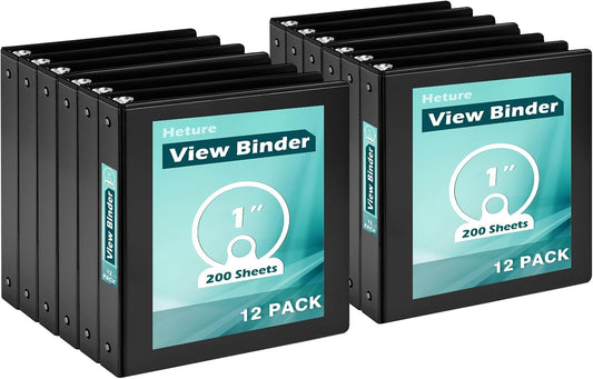 3 Ring Binder 1 Inch 12 Pack, 1" Clear View Round-Ring-Binder, PVC-Free,Holds for 200 Sheets 8.5" x 11" US Letter Size Paper, Durable Black Binders Perfect for Office,School and Home
