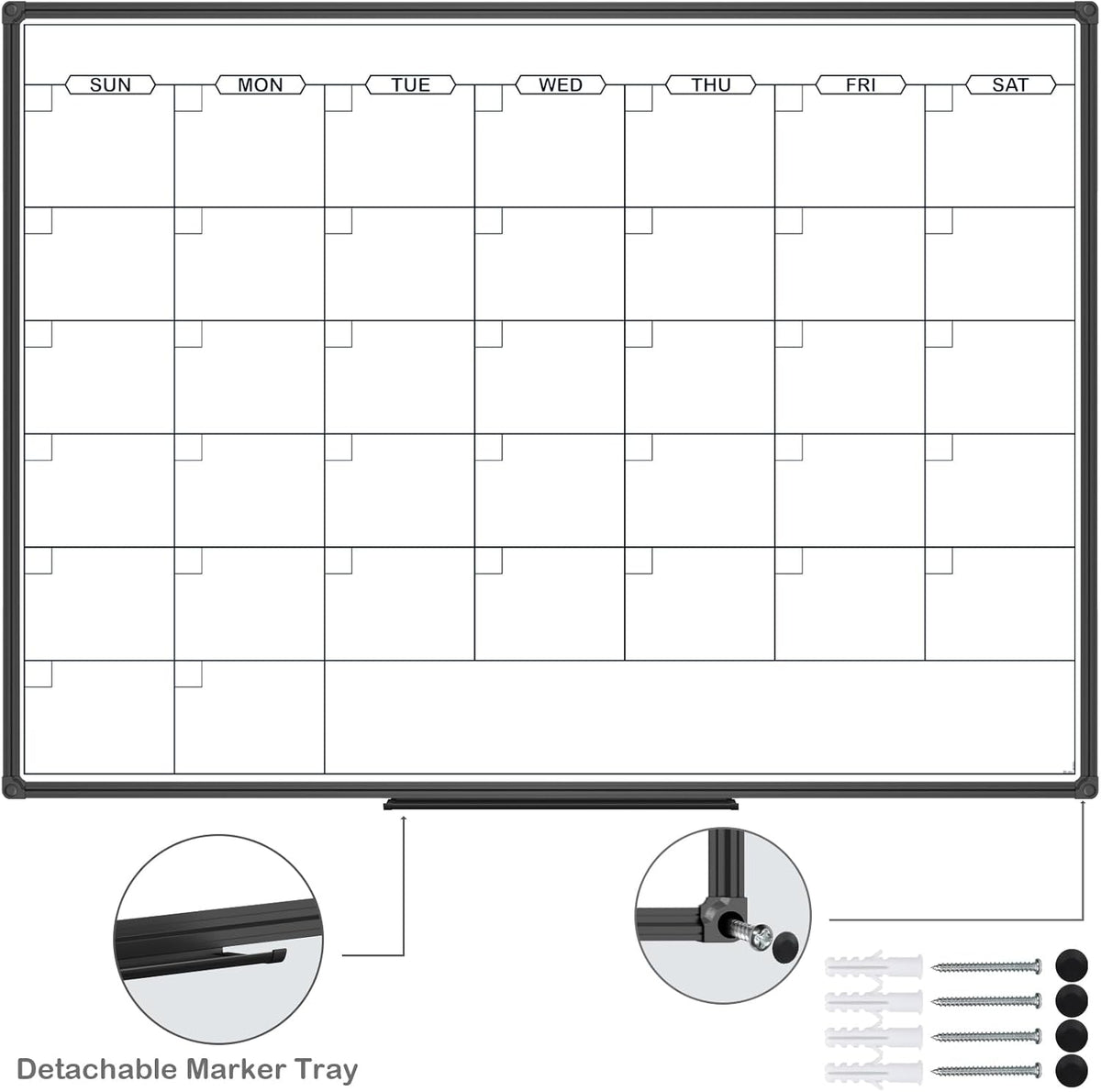 JILoffice Dry Erase Calendar Whiteboard - Magnetic White Board Calendar Monthly 48 X 36 Inch, Black Aluminum Frame Wall Mounted Board for Office Home and School