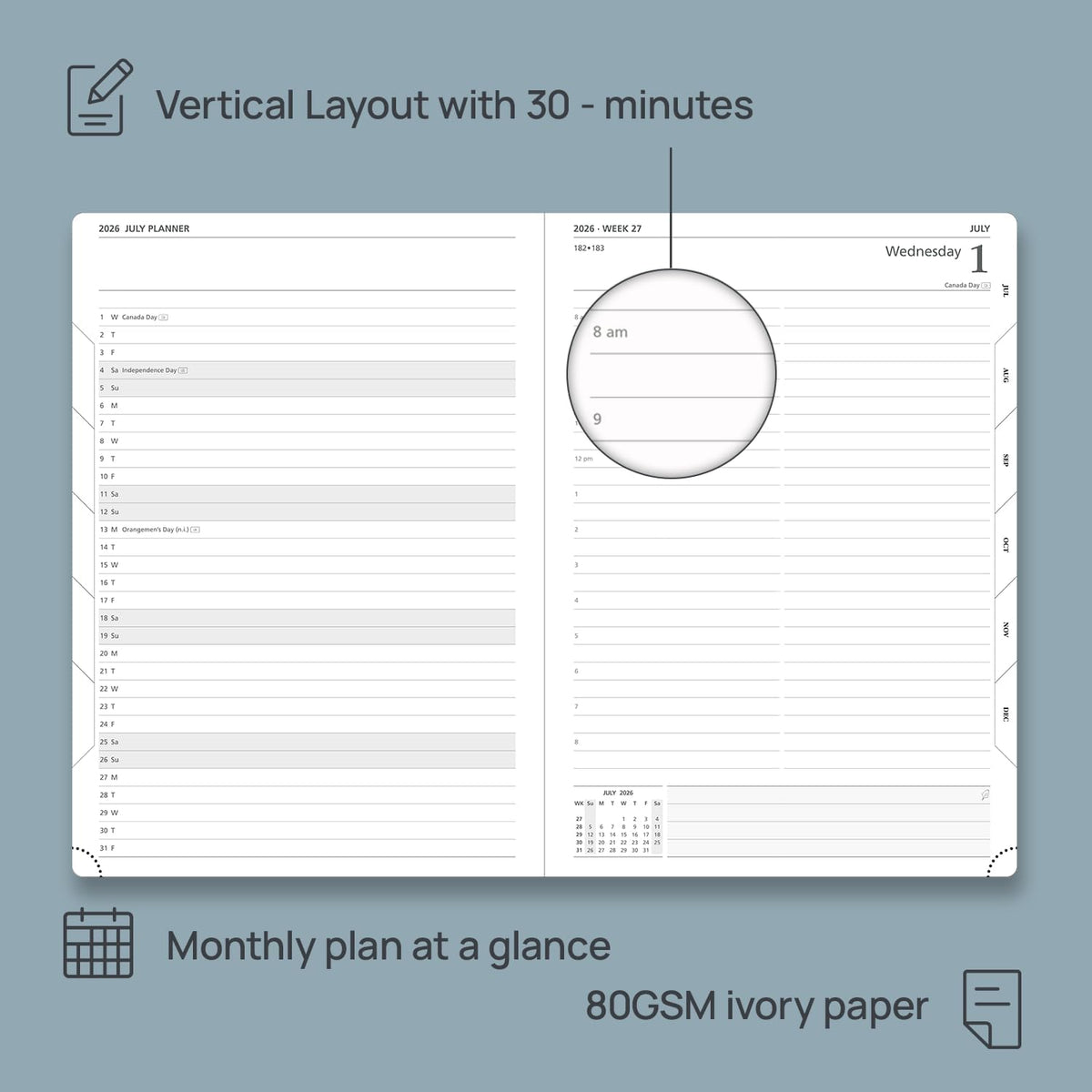 POPRUN 2026 Daily Planner One Page Per Day Even Weekends A4 Large Size (8.5" x 12") - 12 Months Calendar Hourly Appointment Book with Inner Pocket, Pen Holder, Hardcover - Midnight Green