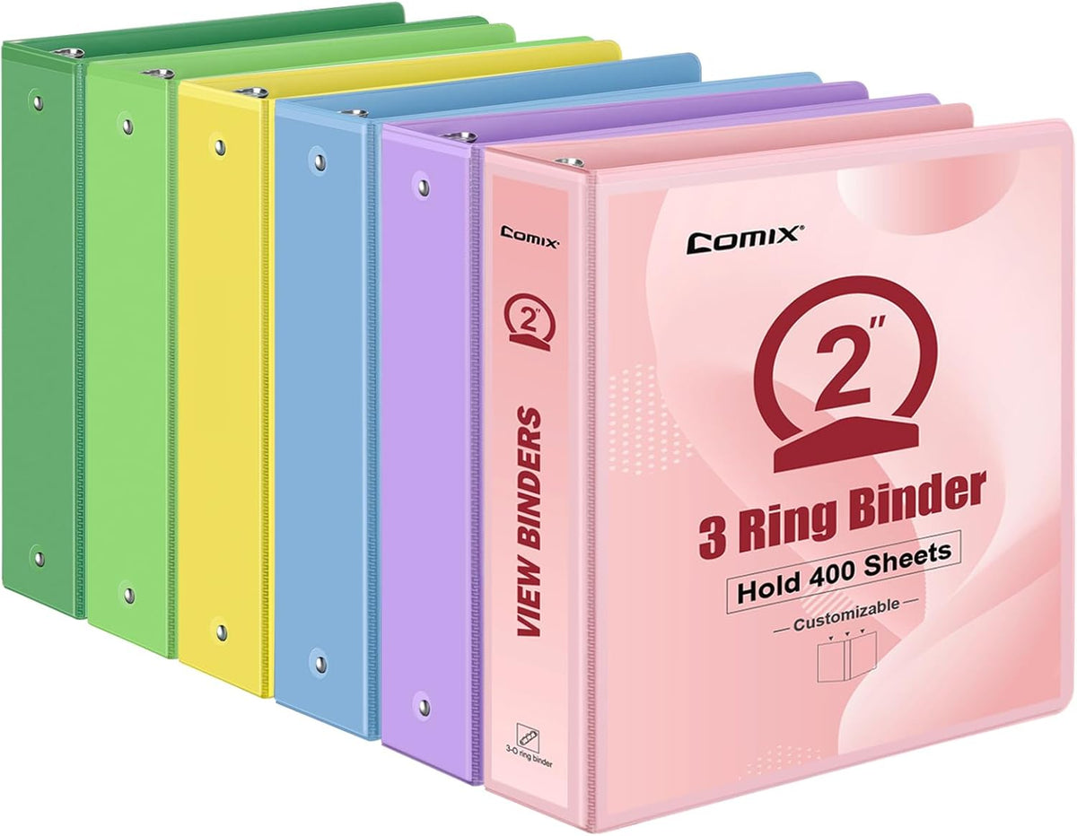 COMIX Standard 3 Ring Binder 2 inch with Clear View Cover, 2" Round Ring View Binder Holds 400 Sheets of US Letter Size Paper, 6 Pack (Multicolored)