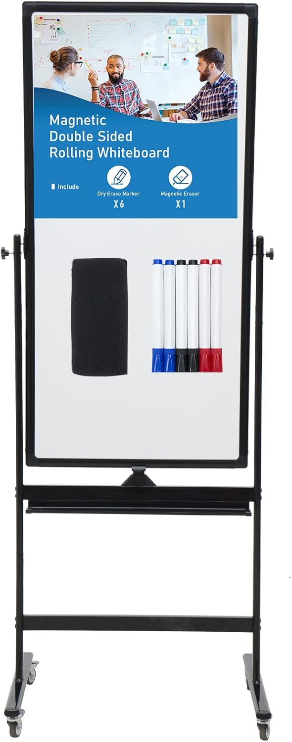 48" x 24" Magnetic Mobile Whiteboard - 360° Reversible Double-Sided Dry Erase Board with Wheels, Portable Standing Whiteboard Easel for Office & Classroom - Includes 6 Markers + 1 Eraser