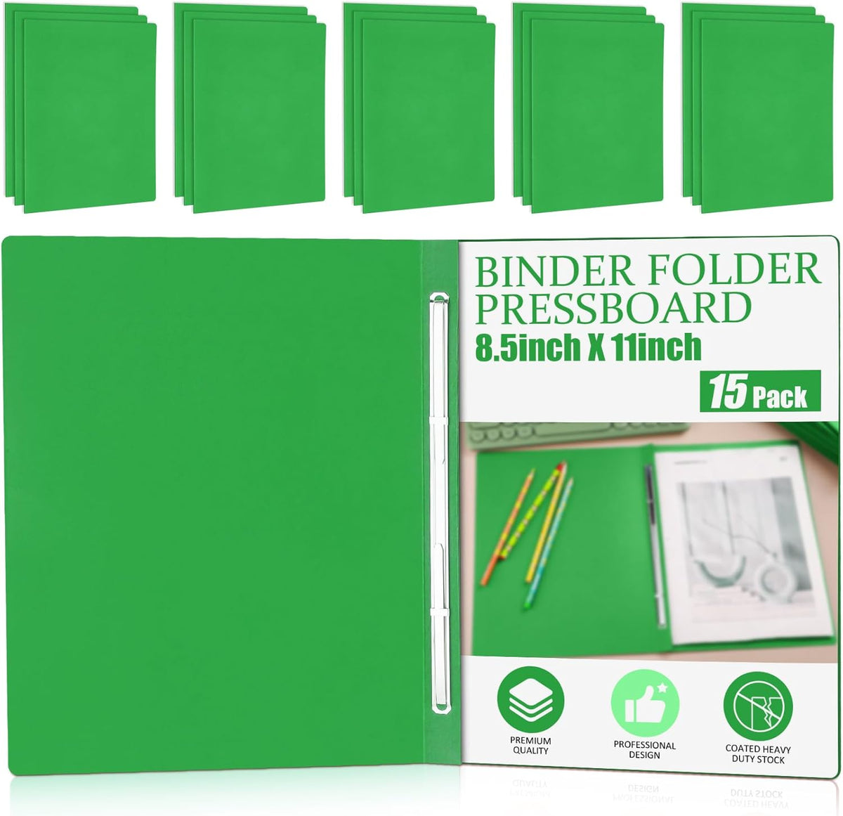 Zhanmai 15 Packs 8.5'' x 11'' Pressboard Report Covers, Metal Prong Fastener with Compressor, Letter Size 3'' Capacity Presentation Report Folder to Neatly Bind Reports, Proposals, Documents(Green)