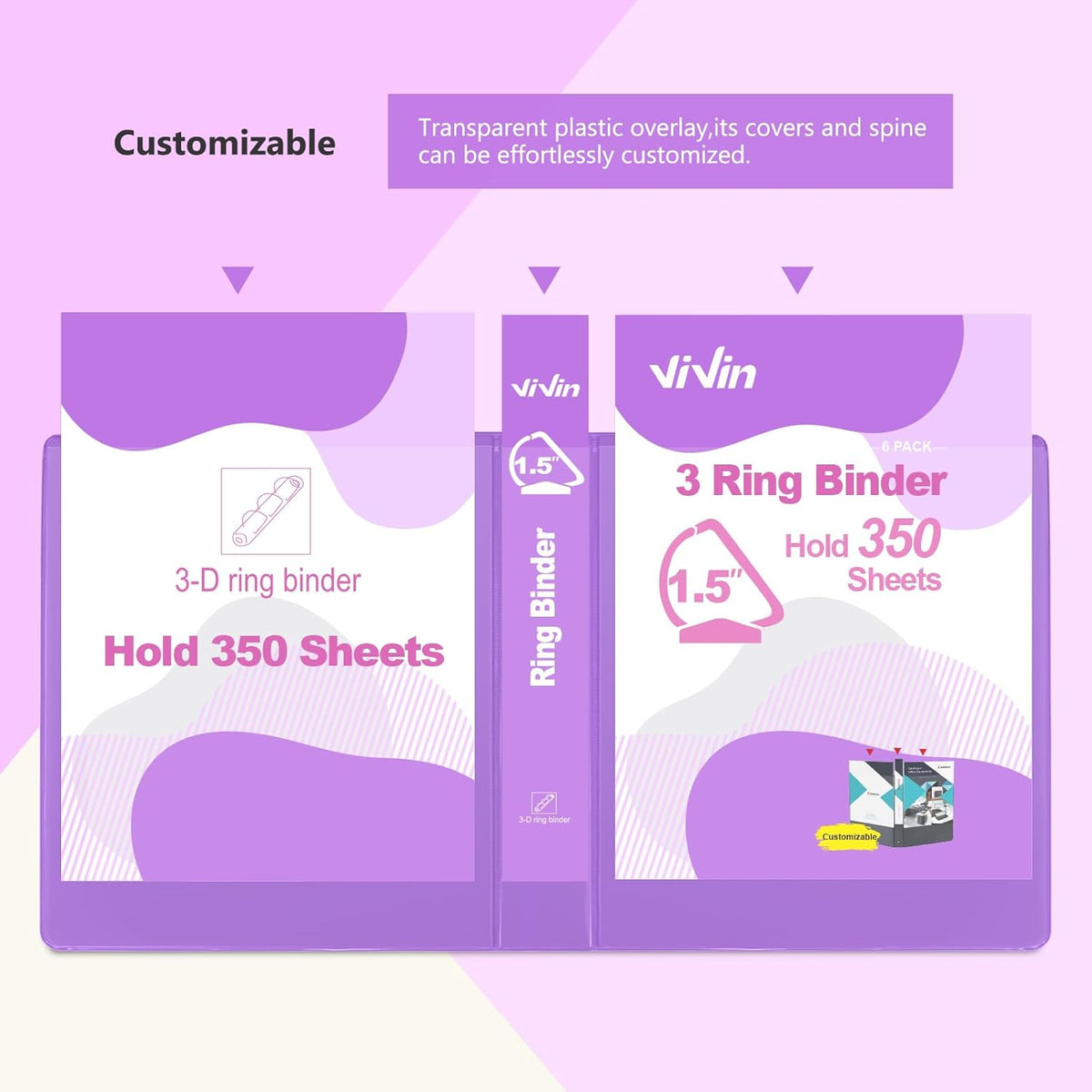 ViVin Sturdy 1.5 Inch 3 Ring Binder with Pockets, Slant-D Ring, PVC-Free, Customizable Clear View Binder,Holds 350 Sheets of 8.5" x 11" Paper,6 Pack (Purple)