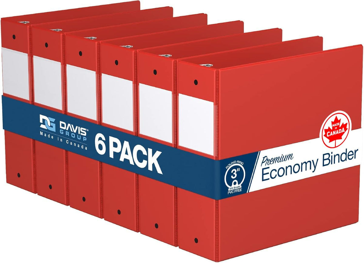 Premium Economy 6-Pack 3-Ring Binders for School or Office, Round-Ring Binders, 3 Inch, Red