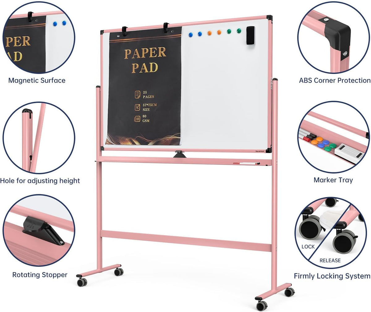 Large Dry-Erase Rolling Magnetic Whiteboard - 48 x 32 Inches Dry Erase Board with Stand Height Adjust Double Sides Mobile White Board Easel on Wheels with 25 Sheets Paper Pad Office, Home & Classroom