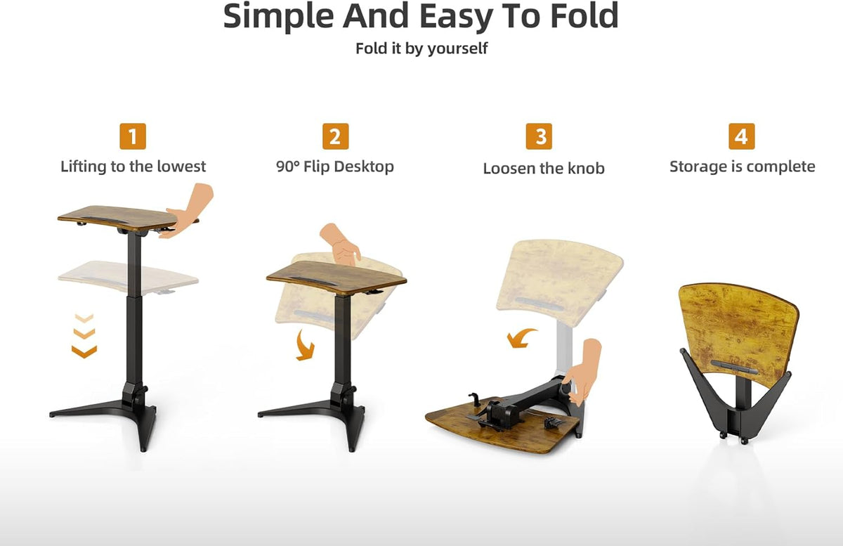 Claiks Mobile Standing Desk, Portable Rolling Sit-Stand Desk with Wheels, Height-Adjustable with 90 Tiltable Top, Foldable Computer Stand, Rustic Brown