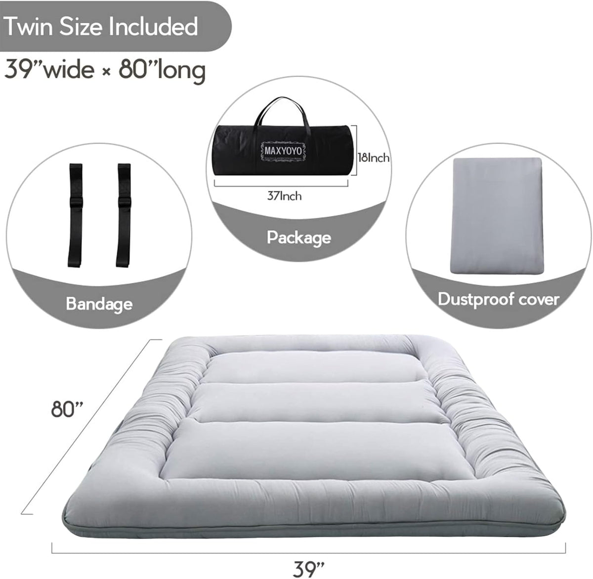 MAXYOYO Japanese Floor Mattress, Thicken Daybed Futon Sleeping Pad Foldable Roll Up Mattress Boys Girls Dormitory Floor Lounger Bed Couches and Sofas, Grey, Twin Size
