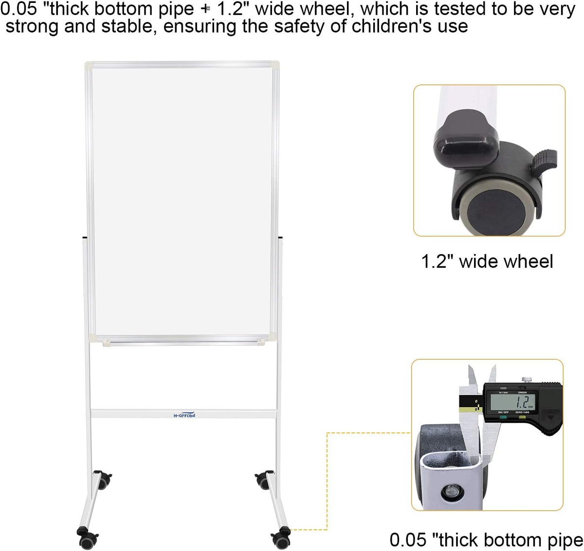 H-Qprobd 24"x36" Dry Erase Board with Stand - Adjustable Height Double Side Mobile Magnetic Rolling Whiteboard on Wheels for Home, Office & School