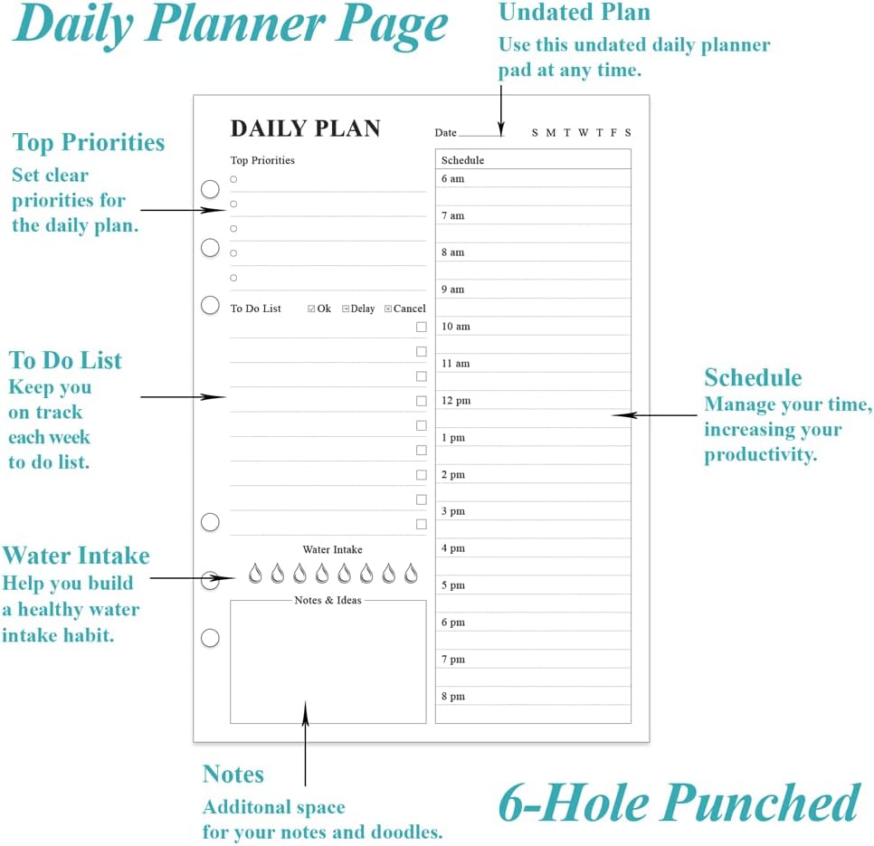 (3-Pack) Undated Daily Planner Refill - A5 To Do List Insert, 300 Sheets/600 Pages Planner and Lined Refill, 6-Hole Punched, 100 gsm White Paper, 5.8'' x 8.3''