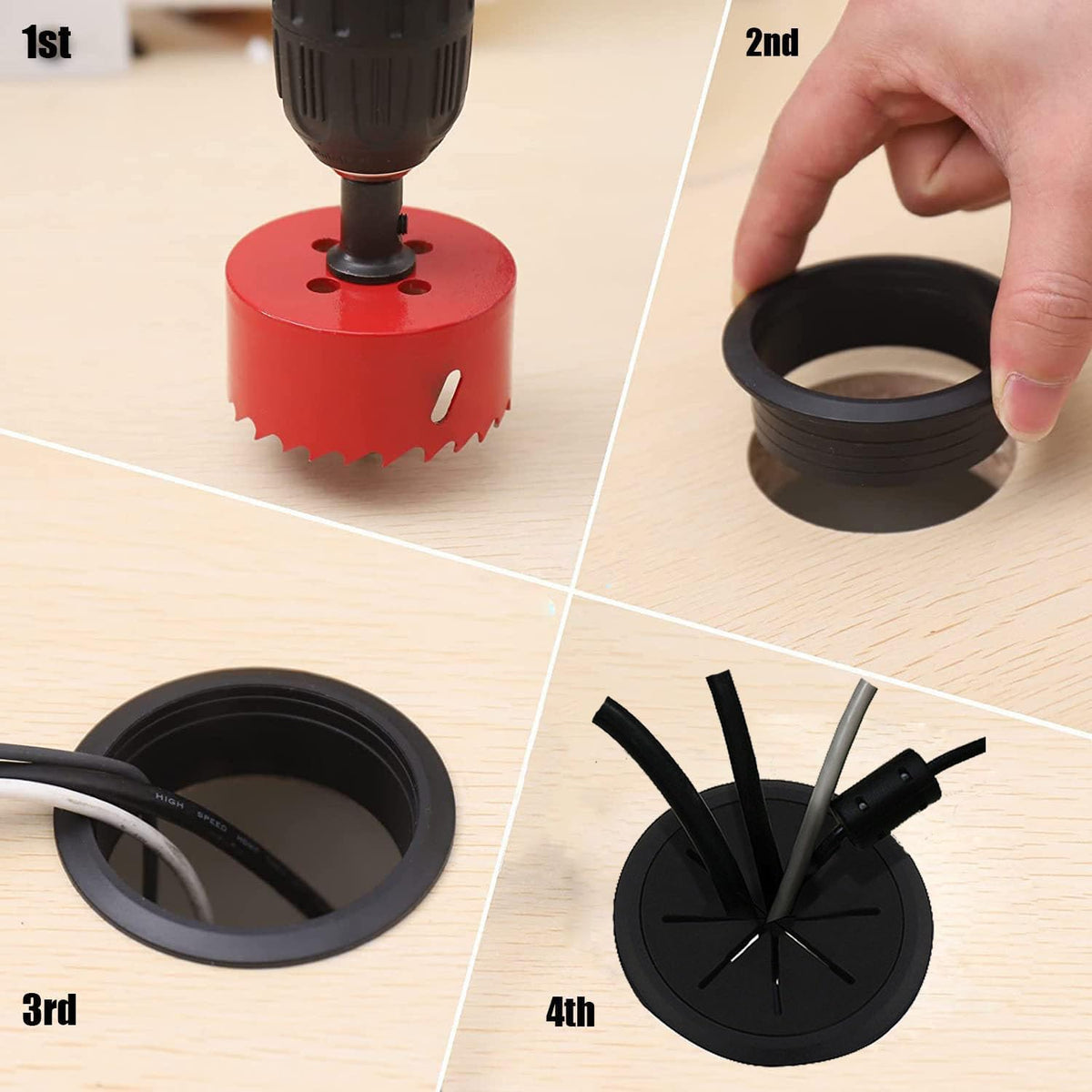 TuTuYa Desk Grommet, 6PCS Flexible 3-1/6inch (80mm) Black Desk Cable Grommet Desk Cable Hole Covers with Hole Saw, Ideal Solution for Office and Home Table Cable (Black, 3-1/6inch_80mm)