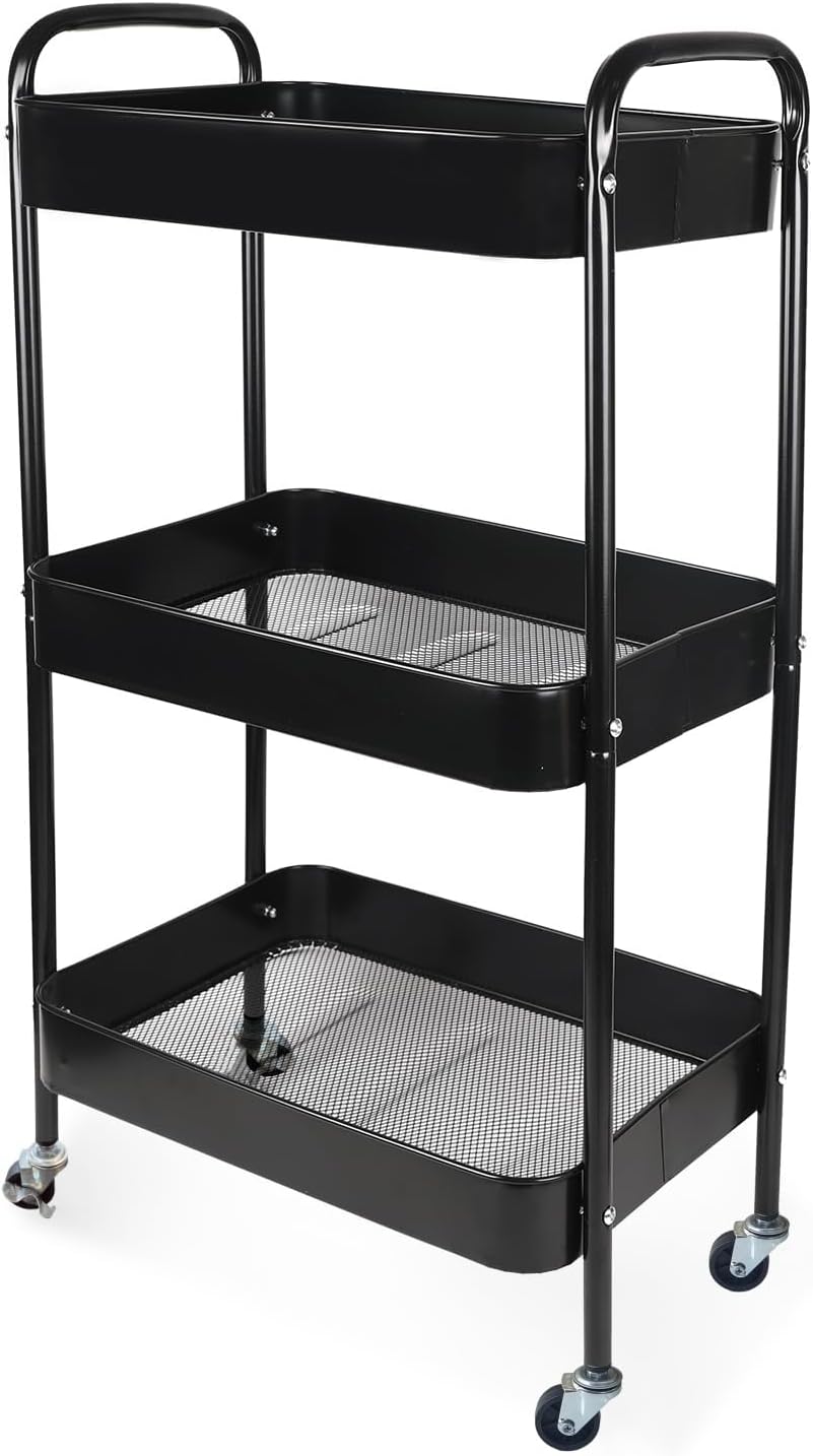 3 Tier Rolling Storage Cart for Kitchen Storage & Laundry Room Organization, Large Capacity Metal Utility Cart on Wheels and 4 Hooks for Art Lash Craft Bedside, Sturdy Nursery Organizer, Black