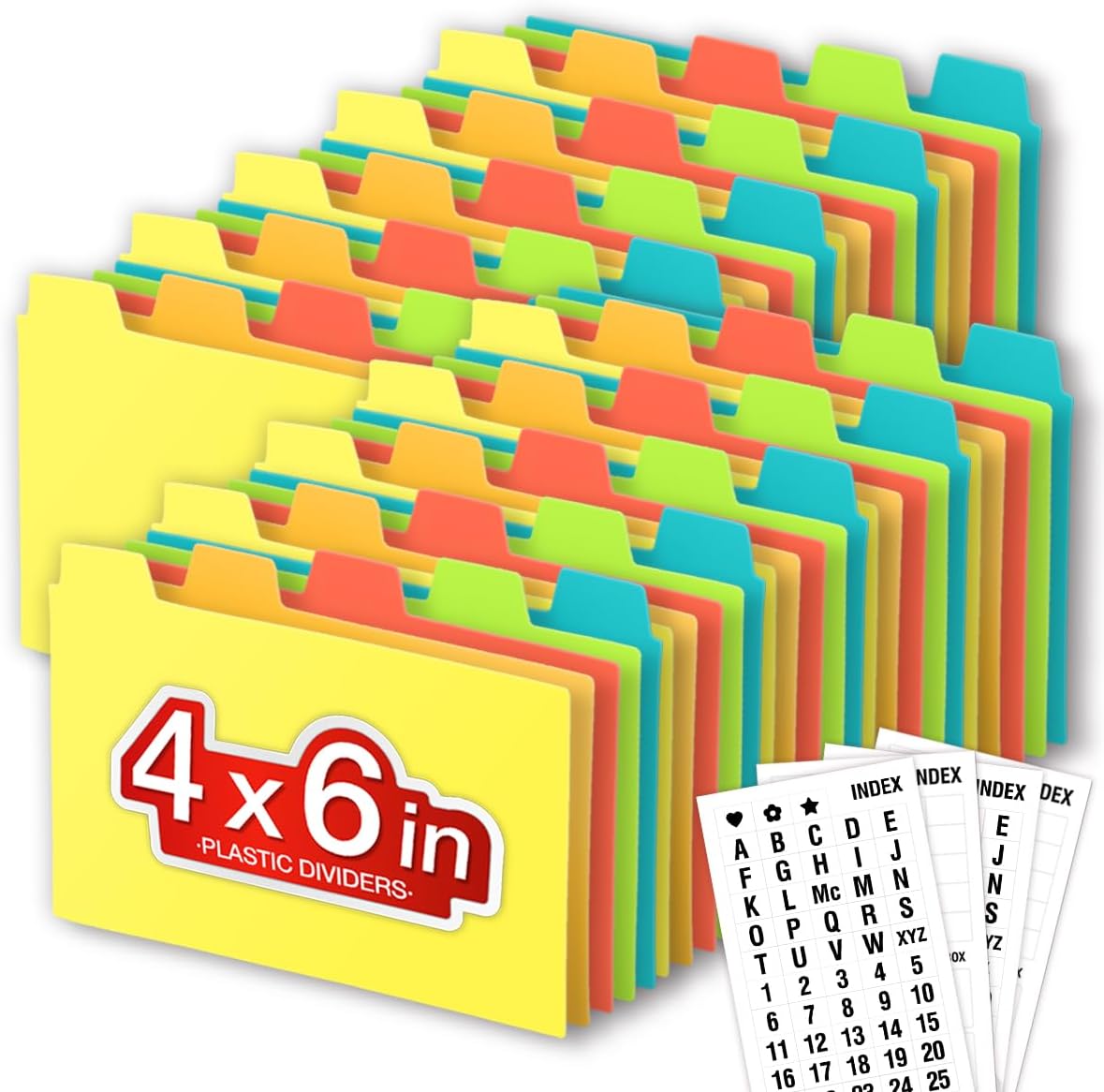 Chell 4x6 Plastic Index Card Dividers, Heavyweight Poly Index Card Guides A-Z for Flash Cards and Recipe Cards, with Alphabetical/Blank Stickers, Pack of 50