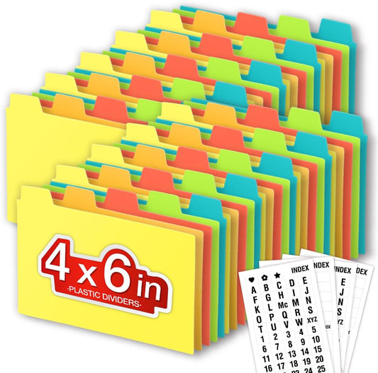Chell 4x6 Plastic Index Card Dividers, Heavyweight Poly Index Card Guides A-Z for Flash Cards and Recipe Cards, with Alphabetical/Blank Stickers, Pack of 50