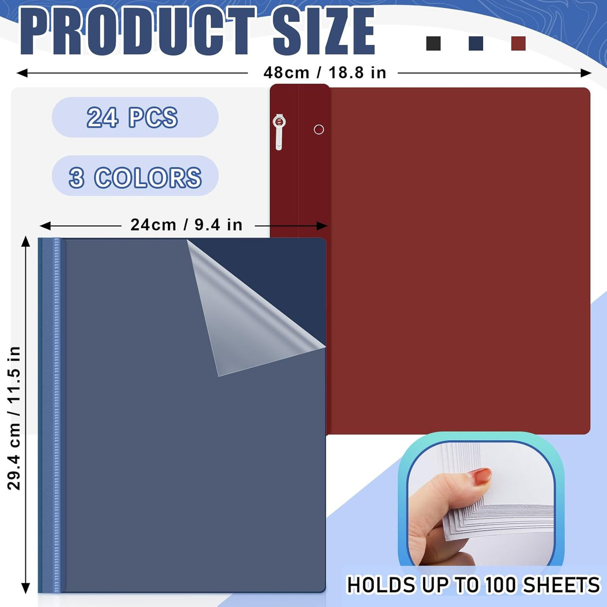 Teling 24 Pcs Clear Front Report Covers with 3 Prongs Presentation Folders Plastic Resume Portfolio Report Letter Size Presentation Binder for Paper Document School Office(Black,Navy Blue,Dark Red)