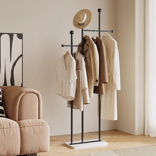 Standing Coat Rack with Marble Base Heavy Duty Clothes Hanger Rack Metal Coat Tree for Clothes Hats Scarfs Purses 19.69 x 11.02 x 68.9 Inches (Black)
