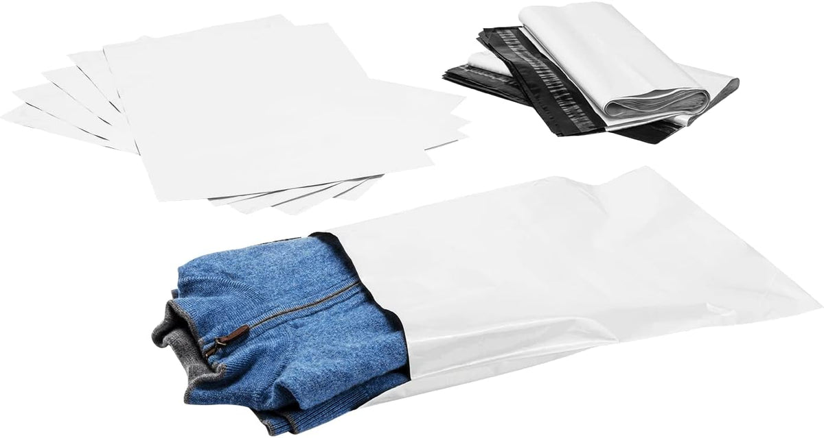 Karat 11"x15" White Poly Mailers - Tamper-Evident, Waterproof and Tear Resistant Shipping Bags for Small Business Supplies, Bulk Packaging - Easy-to-Use Adhesive Closure Mailing Envelopes, WS-TPM1115W