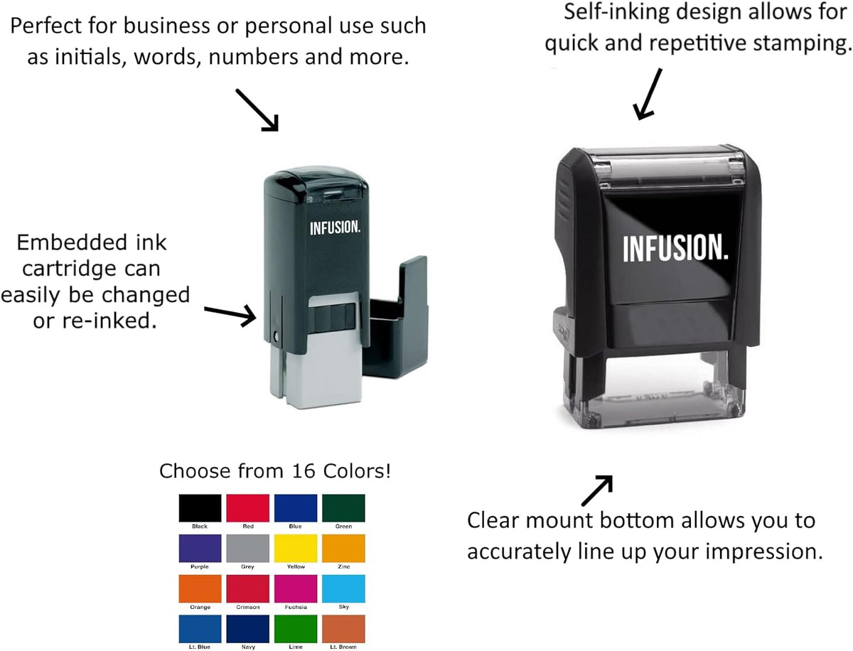 Infusion Self-Inking Custom Rubber Stamp (Personal or Business Use) - Choose from 16 Colors (3/8" x 1")