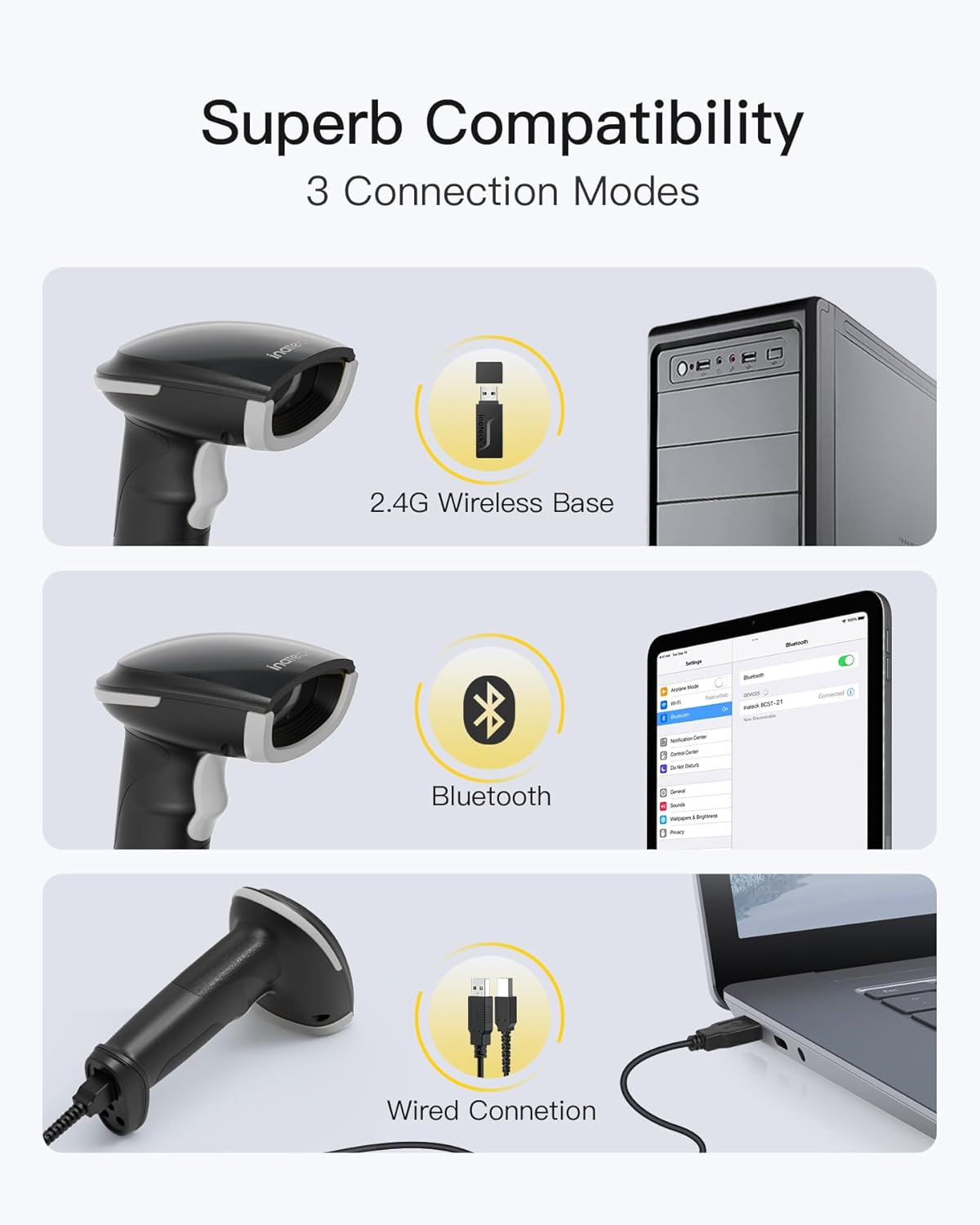 Inateck 2D Barcode Scanner, Wireless Bluetooth QR Barcode Scanner, Handheld Scanner with APP and SDK, 1 Charge for 3 Months, BCST-23 Gray