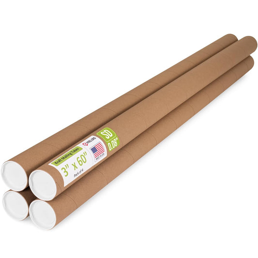 3" x 60" Reinforced Kraft Paper Mailing Tube, Pack of 4 Tubes with 8 Caps – Secure USPS Approved Poster Tube – Cardboard Tube for Shipping and Storing Posters, Prints, Artwork, or Documents